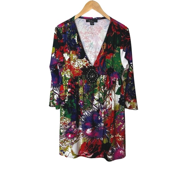 Calessa Dresses & Skirts - Calessa‎ Beaded Dress Womens Size XL Vibrant Paint Splatter Floral Print V Neck